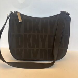 DKNY Dark Brown Logo Print Shoulder Bag Purse Zipper Baguette Monogram Zip Y2K